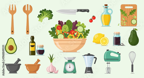 Fresh Healthy Salad Preparation Ingredients and Kitchen Tools on Light Green Background