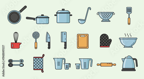 Comprehensive Kitchen and Cooking Utensils Collection on Light Green Background