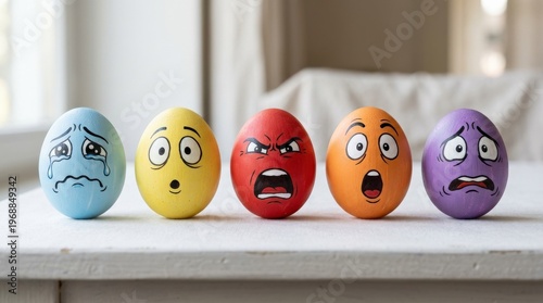 Five painted Easter eggs in a neat row on a clean white surface, each egg bearing a hand-drawn facial expression ranging from tearful sorrow to wide-eyed shock, open-mouthed anger, startled surprise,