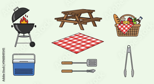 Outdoor Barbecue and Picnic Essentials Collection on Light Green Background