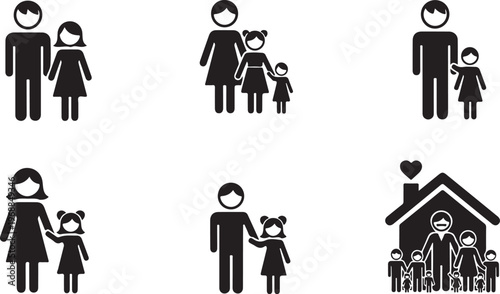  A set of black and white icons depicting different family structures