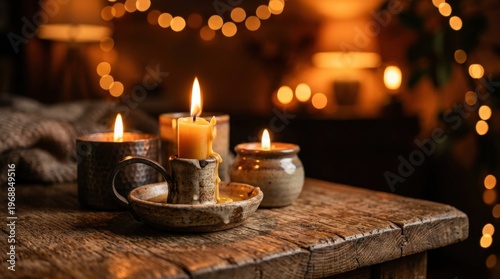 Glowing candles in rustic holders emit warm golden light against a soft orange bokeh background, flickering flames and textured wood surfaces creating a serene atmospheric composition, shallow depth