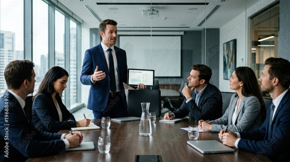 Fototapeta premium Businessman presenting ideas using tablet in meeting room, modern boardroom setting, engaged audience, cinematic corporate scene, shot on Nikon Z6, no logos, no branding, no trademarks\