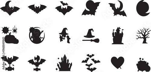 Halloween icons including bats pumpkins