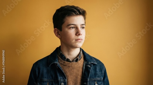 Teenager boy isolated on yellow background, enriched with teenage, boy, isolated, fall, winter, shirt, casual attire, thoughtful environment details, polished atmosphere, photorealistic, natural