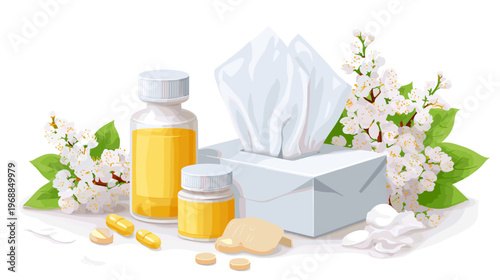 Spring Allergies Medicine and Tissues — Seasonal Health Relief Awareness Vector Illustration