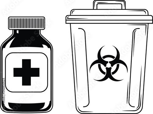 Medical Waste Disposal Biohazard Bin And Medicine Bottle Vector Line Art Illustration