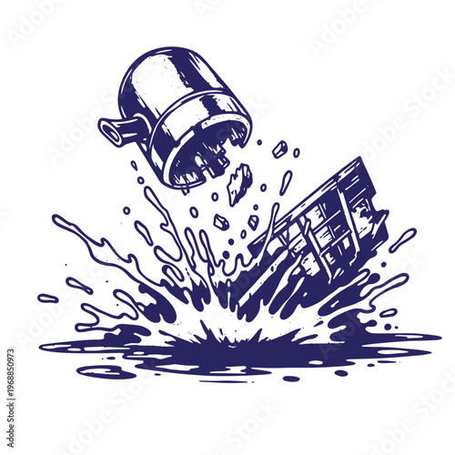 Blue ink of a broken metal teapot and a chocolate bar splashing into a dark liquid puddle on a white background