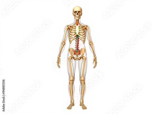 A detailed illustration of a human skeleton with highlighted spine and pelvis