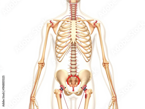 A detailed illustration of the human skeletal system with highlighted pelvis and joints