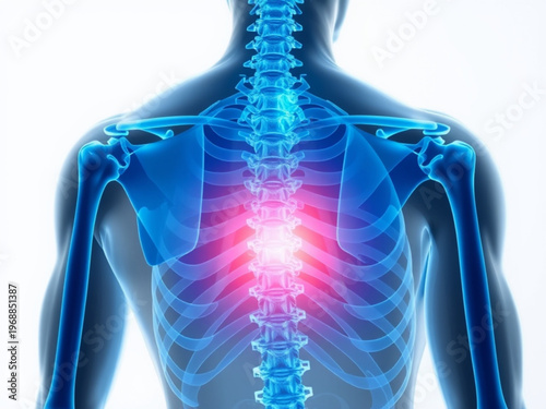 A medical illustration of a human skeleton with a highlighted spine and glowing red pain area