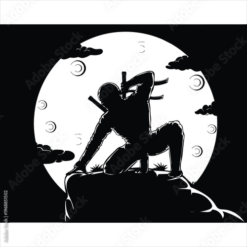 Stealthy ninja assassin on top of a rock with a large moon background