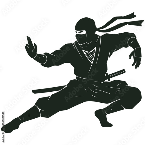 Crouching ninja assassin ready for combat with katana. silhouette.  Isolated vector graphic.