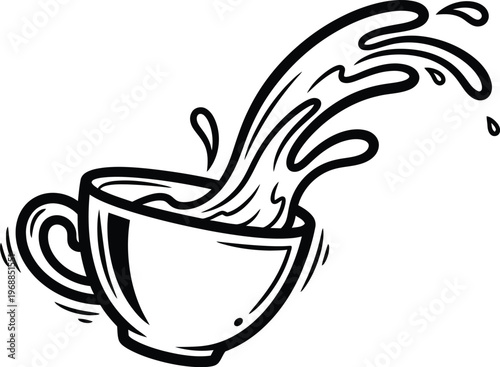 Coffee Cup With Splashing Liquid Vector Illustration Spilling Beverage Mug Line Art