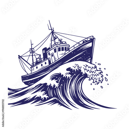 Dark blue ink of a fishing trawler boat riding over a large crashing ocean wave isolated on a white background