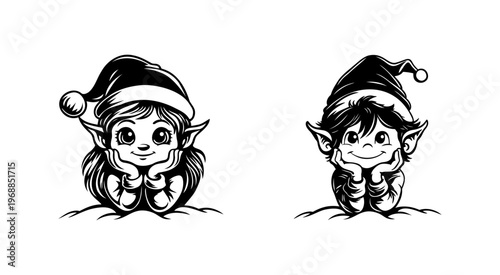 Christmas elf characters in black and white cartoon style.
