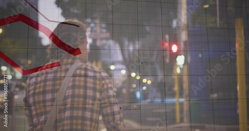 Animation of red lines and financial data processing over caucasian businessman with bike