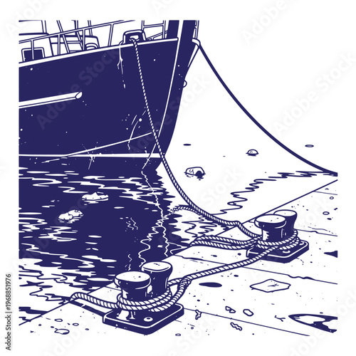 Dark blue ink of a ship bow moored to a concrete pier with thick nautical ropes tied around metal bollards on a calm harbor water surface