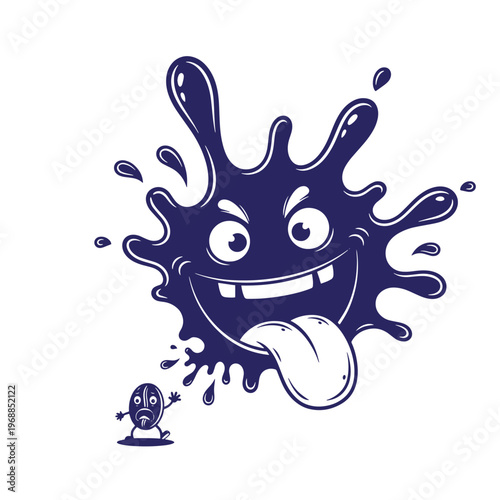 Dark blue ink splash character with a wide grinning face and tongue sticking out looming over a small terrified coffee bean mascot on a white background