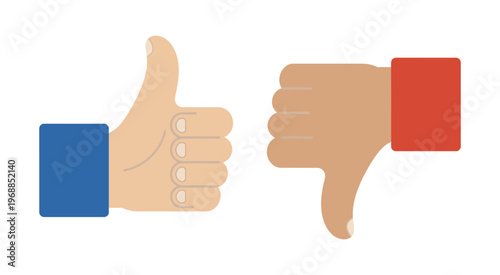 Two hands thumbs up and thumbs down, like dislike gestures, feedback concept, approval rejection signs, human hand symbols, vector illustration