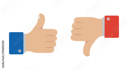 Two hands thumbs up and thumbs down, like dislike gestures, feedback concept, approval rejection signs, human hand symbols, vector illustration