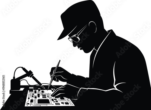 Electronic repair and maintenance skilled technician working on circuit board