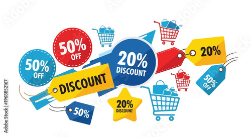 A colorful illustration of shopping discounts and promotions with various tags and icons
