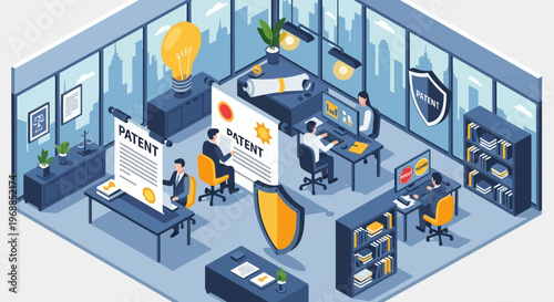 Intellectual Property Protection Office with Patent Documents and Security Shields.