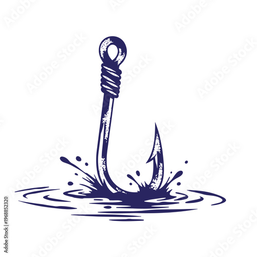Dark blue of a sharp metal fishing hook splashing into water with ripples and droplets isolated on a white background