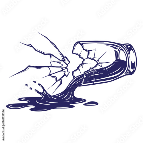 Dark blue of a shattered glass tumbler lying on its side with liquid spilling out and forming a puddle on the floor surface isolated on a white background