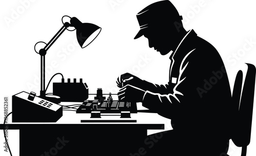 Vintage electronic repair silhouette of technician working on old radio equipment