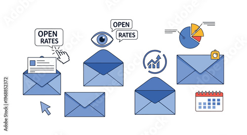 A graphic illustration of email marketing concepts with envelopes and analytics symbols