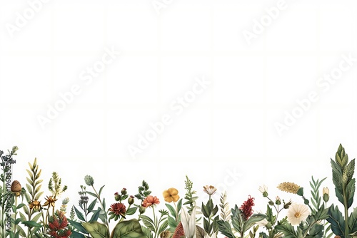 Watercolor botanical border of wildflowers and greenery on white background Image