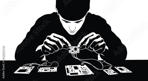 Hacker with electronic device cybersecurity data breach and digital crime illustration