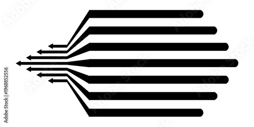 Black on white abstract perspective line stripes arrow with 3d dimensional effect isolated on white.	