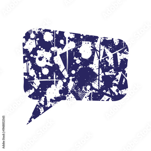 Dark blue rectangular speech bubble silhouette filled with white ink splatters and distressed grunge geometric shapes on a plain white background