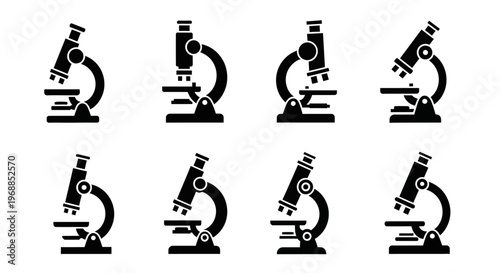 Collection of black microscope icons in varying orientations