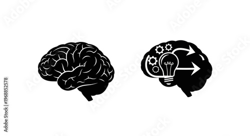 Two brain silhouettes depict thought processes and creative idea generation