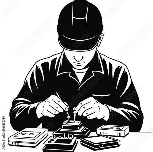 Electronic component assembly skilled technician soldering circuit boards for modern electronics