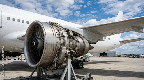 A powerful airplane turbine beside an aircraft under bright sky, aviation engineering and travel energy concept, metallic engine detail, clouds, speed and industrial precision in a clean composition,