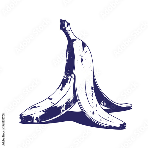 Dark blue silhouette of a discarded banana peel with a distressed grunge texture isolated on a white background