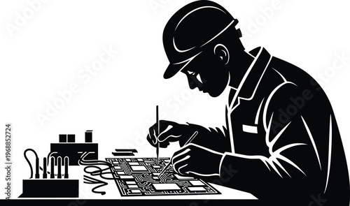Vintage electronic repair skilled technician working on circuit board technology