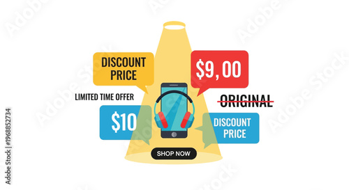 A vibrant discount advertisement with a smartphone and headphones on a yellow background