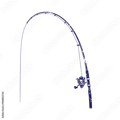 Dark blue silhouette of a fishing rod with a spinning reel and a curved line isolated on a white background with a distressed texture effect