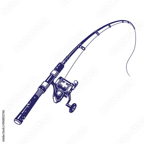Dark blue silhouette of a fishing rod with a spinning reel and a single line extending from the tip isolated on a white background