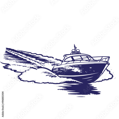 Dark blue silhouette of a motor yacht speeding across the water creating a large white wake and splashing waves isolated on a white background