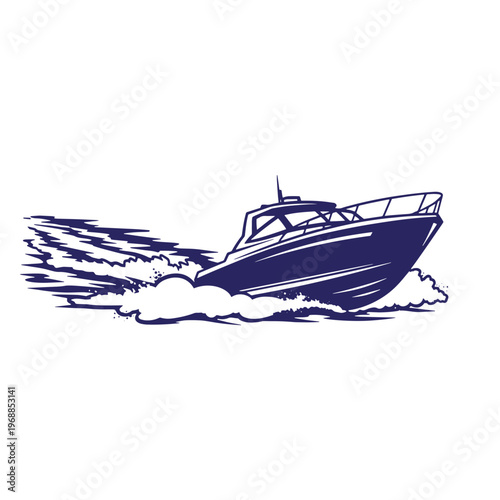 Dark blue silhouette of a motorboat speeding across water creating a large wake and splash isolated on a white background