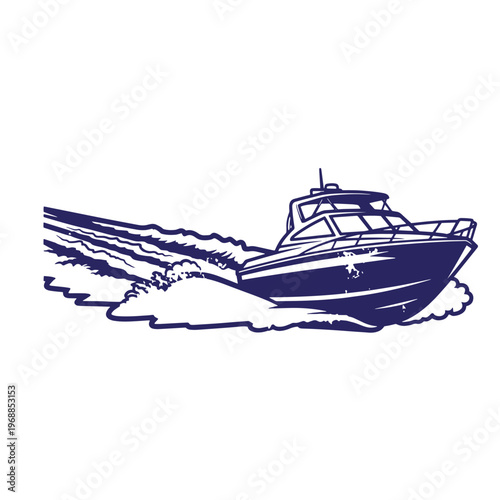 Dark blue silhouette of a motorboat speeding across the water creating a large wake and splashing waves isolated on a white background