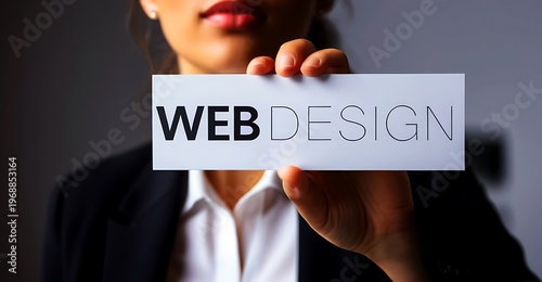 A businesswoman holds a sign with the words 'WEB DESIGN' in a professional setting, conveying expertise in digital development and online presence.