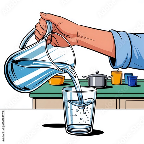 A cartoon-style illustration of a person pouring water from a pitcher into a glass on a kitchen counter with various utensils and cups.